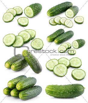 Set of sliced cucumbers on white
