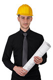 Man with Hard Hat Holding Rolled Up Blueprints