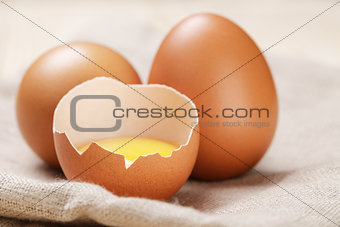 raw chicken eggs one open with yolk
