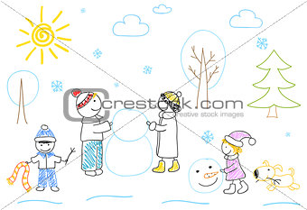 Happy family sculpts snowman