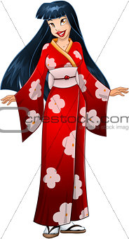 Asian Woman In Red Kimono
