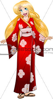 Blond Woman In Red Kimono