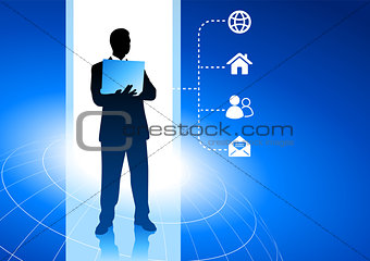 Businessman working with internet symbols blue background