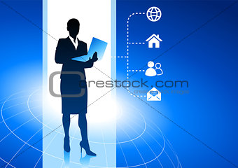 Businesswoman working on computer with internet icon background