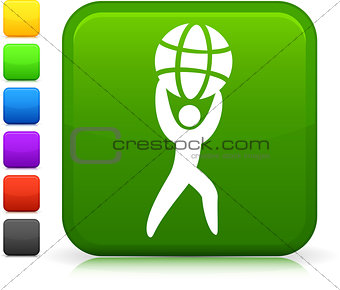 man with globe icon on square internet button