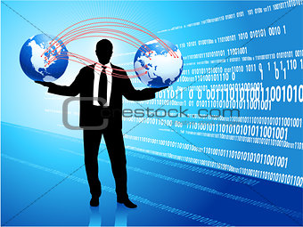 Young business man with globe silhouettes