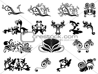 Set of black silhouettes of floral elements over white 