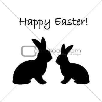 Monochrome silhouette of two Easter bunny rabbits. Design Easter