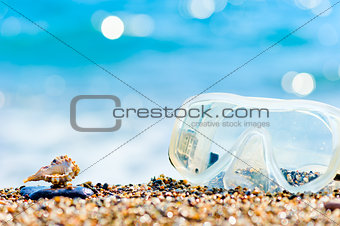 mask for snorkeling and shell on the beach