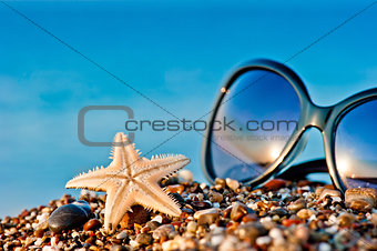 Starfish and sunglasses on the beach against the sea