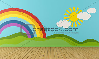 Empty Playroom with rainbow and green hills