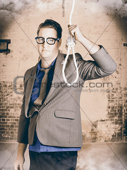 Manager business man holding noose rope at gallows