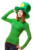 Red hair girl in Saint Patrick's Day leprechaun party hat