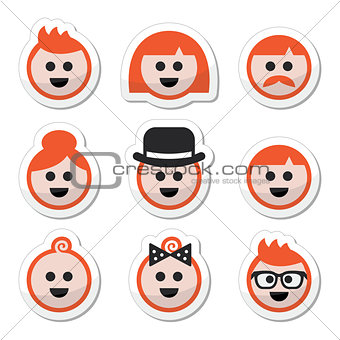 People with ginger vector hair icons set