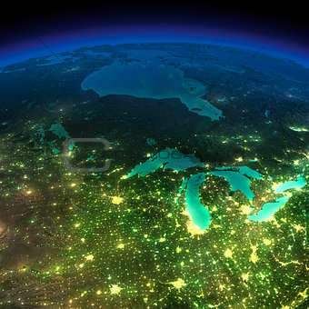 Night Earth. A piece of America - the northern U.S. states and C