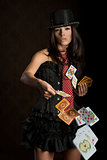 performer girl playing with poker cards 