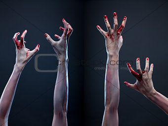 Set of bloody zombie hands 