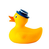 Rubber toy Duck with blue hat isolated on white background