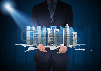 Man in suit holding skyscrapers in the hand