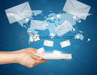 Hand, tablet pc and envelopes