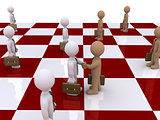Two businessmen on chessboard shake hands