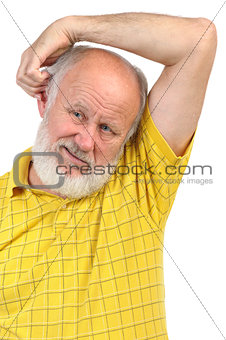 balding senior man skratching his other ear