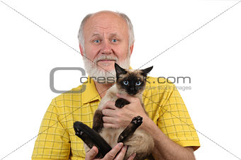senior balding man with siamese cat
