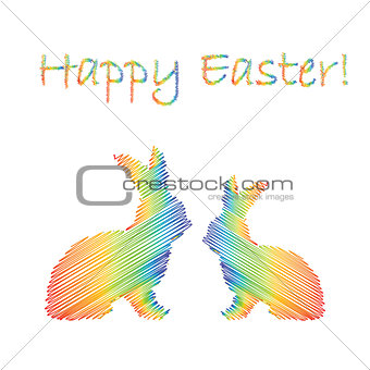 Multicolor silhouette of two Easter bunny rabbits. Design Easter