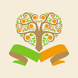 wedding logo with an orange tree in the form of hearts and ribbon