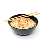 Shrimp and noodle soup bowl with chopsticks