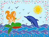 Dolphin and Mermaid in the sea waves