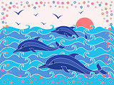 Three Dolphins in the sea waves