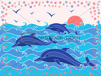 Three Dolphins in the sea waves