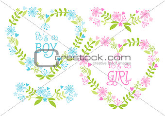 Baby boy and girl, floral hearts, vector