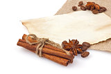 Spice with coffee seed on vintage sheet paper and cloth