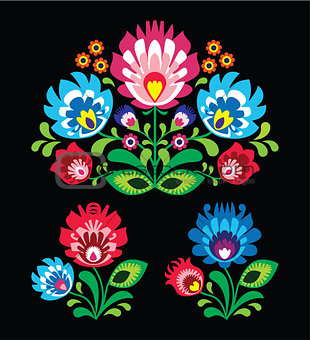 Polish floral folk embroidery pattern on black - wzor lowicki