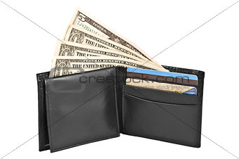Money and credit cards in black leather purse.