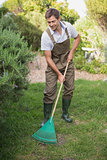 Man in dungarees raking the garden