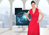 Composite image of happy elegant model in red dress posing
