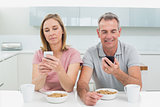 Couple text messaging while having breakfast in kitchen