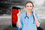 Composite image of pretty woman doctor phoning and pointing with her finger