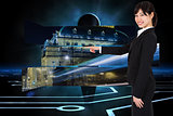 Composite image of smiling businesswoman pointing