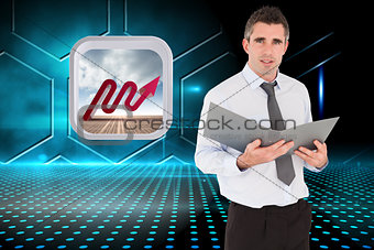 Composite image of portrait of a man holding a binder