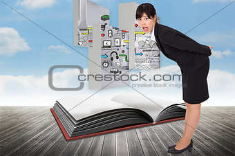 Composite image of surpised businesswoman bending