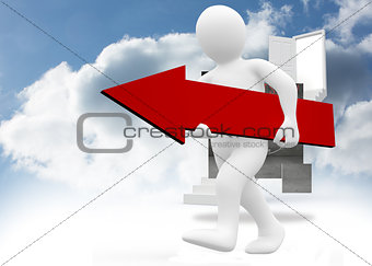 Composite image of white character holding red arrow