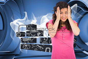 Composite image of cute brunette having headache