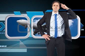 Composite image of thinking businessman scratching head