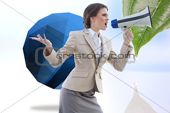 Composite image of furious stylish brown haired businesswoman shouting in a megaphone