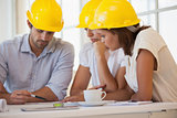 Architects in yellow helmets working on blueprints