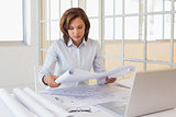 Concentrated businesswoman reading blueprint in office